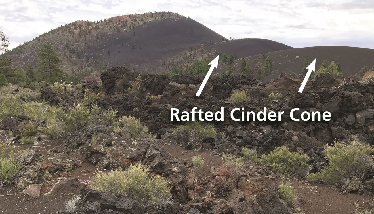 Annotated SUCR Rafted Cinder Cone Photo of volcanic landscape