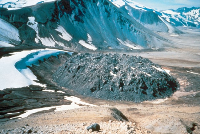 KATM novarupta lava dome@10x a dome of blocky rock in mountainous area