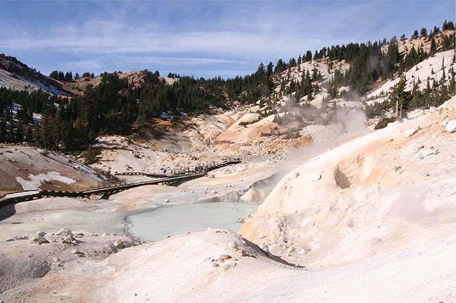 LAVO bumpass hell@10x geothermal area with steaming pool and barren slopes