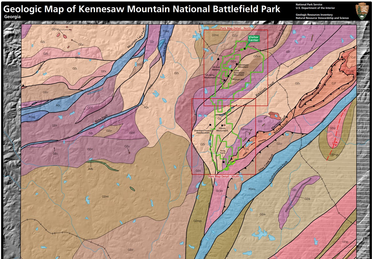 Image of a portion of the park's geologic map showing rock units and geologic contacts.