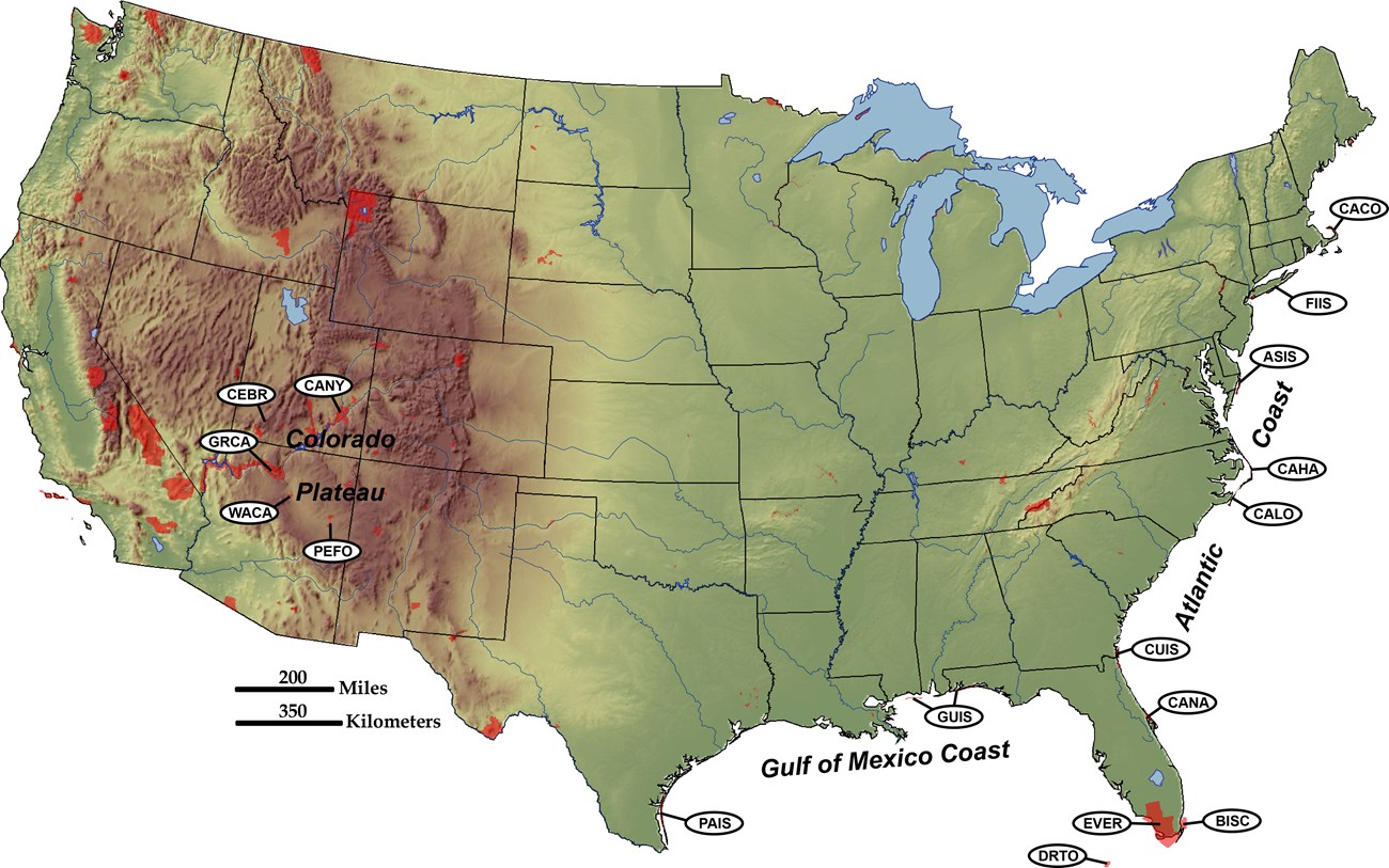 map NPS sites along passive continental margins shaded, raised relief map of north america