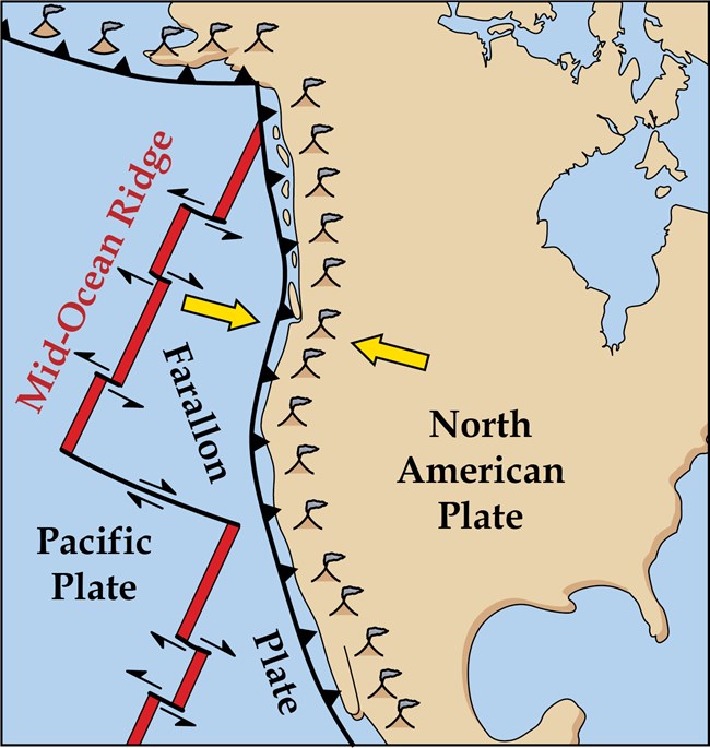 west coast tectonics 40 mya@10x map illustration showing west coast of north america and tectonic plates
