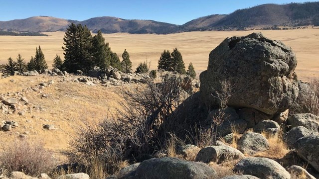 Large boulders scattered on a hillside overlooking a montane grassland.