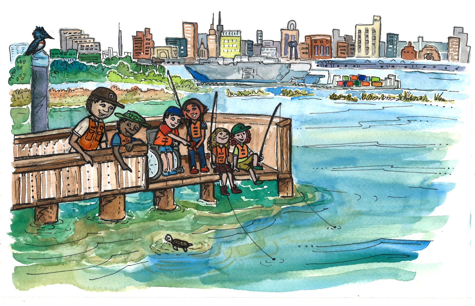 Lets go fishing! Children fishing from a pier with a ranger standing by. City in the background.